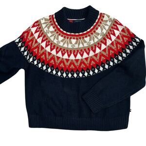 Tommy Hilfiger Fair Isle Crew Neck Sweater Red Navy Blue Gold Pullover Size M